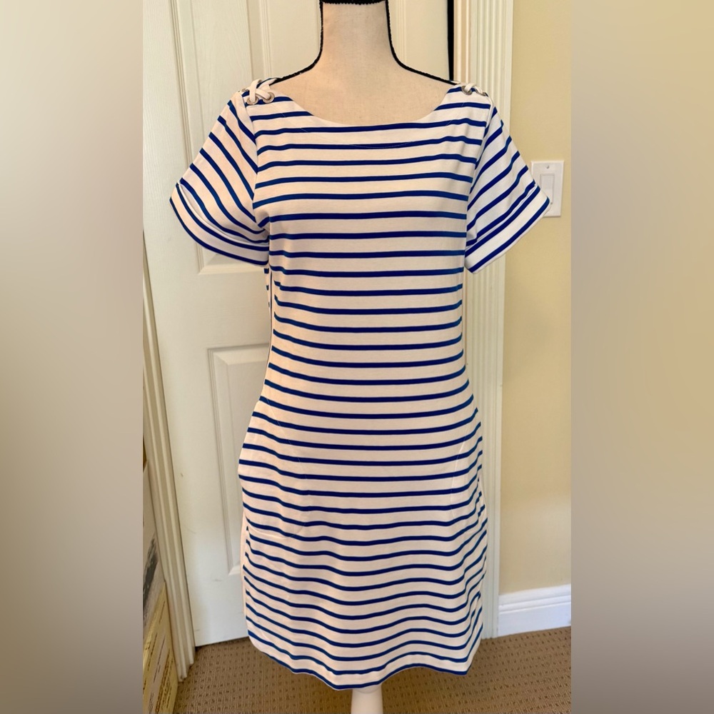 NWT Tommy Bahama White Dress with Royal Blue Stripes, pockets, Sz XS